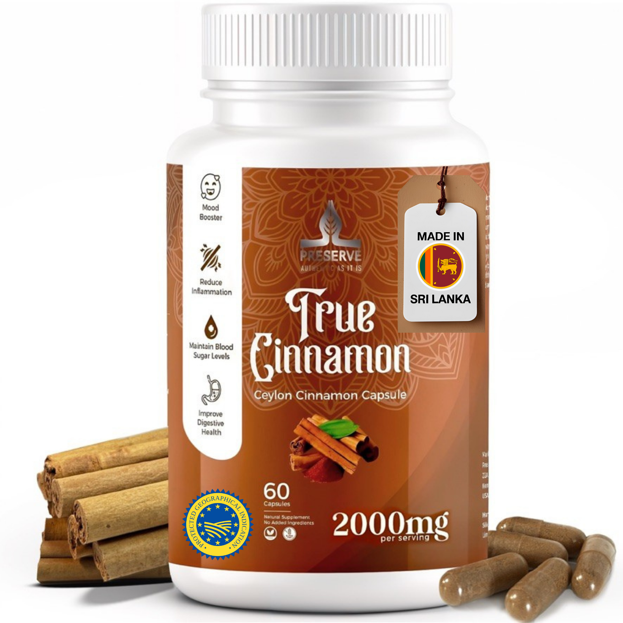 Pure Ceylon Cinnamon Capsules, 2,000mg, Two Month Supplement | GI Certified | Made in Sri Lanka |Non-GMO, Gluten-Free, True Cinnamomum from Sri Lanka, 100% Pure Cinnamon (NOT Mix with Cassia).