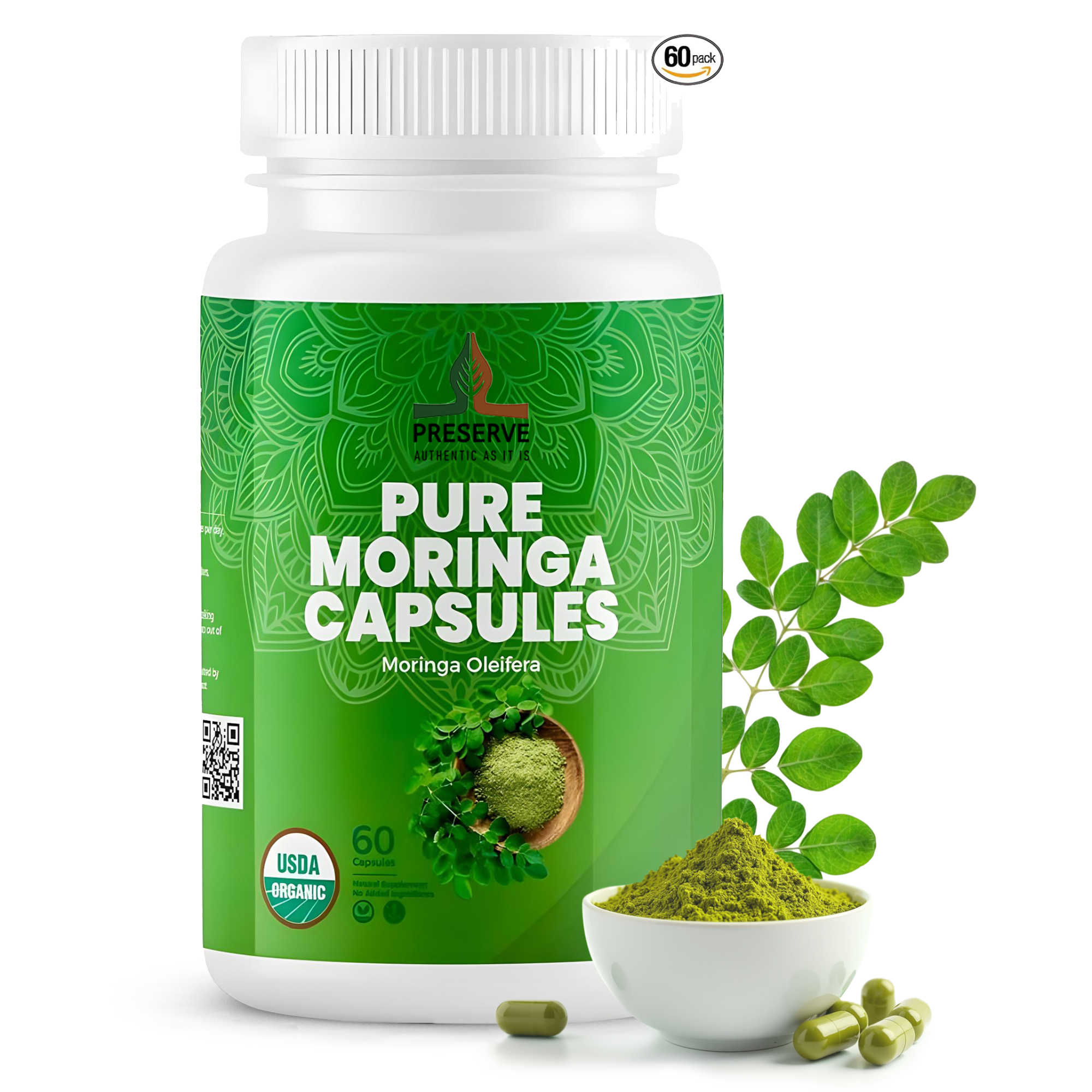 Pure Moringa Oleifera Capsules | NSF Certified | Two Month Supplement | Nutrient-Rich Vegetarian Green Superfood. Non GMO, 60 Capsules. Made in Sri Lanka.