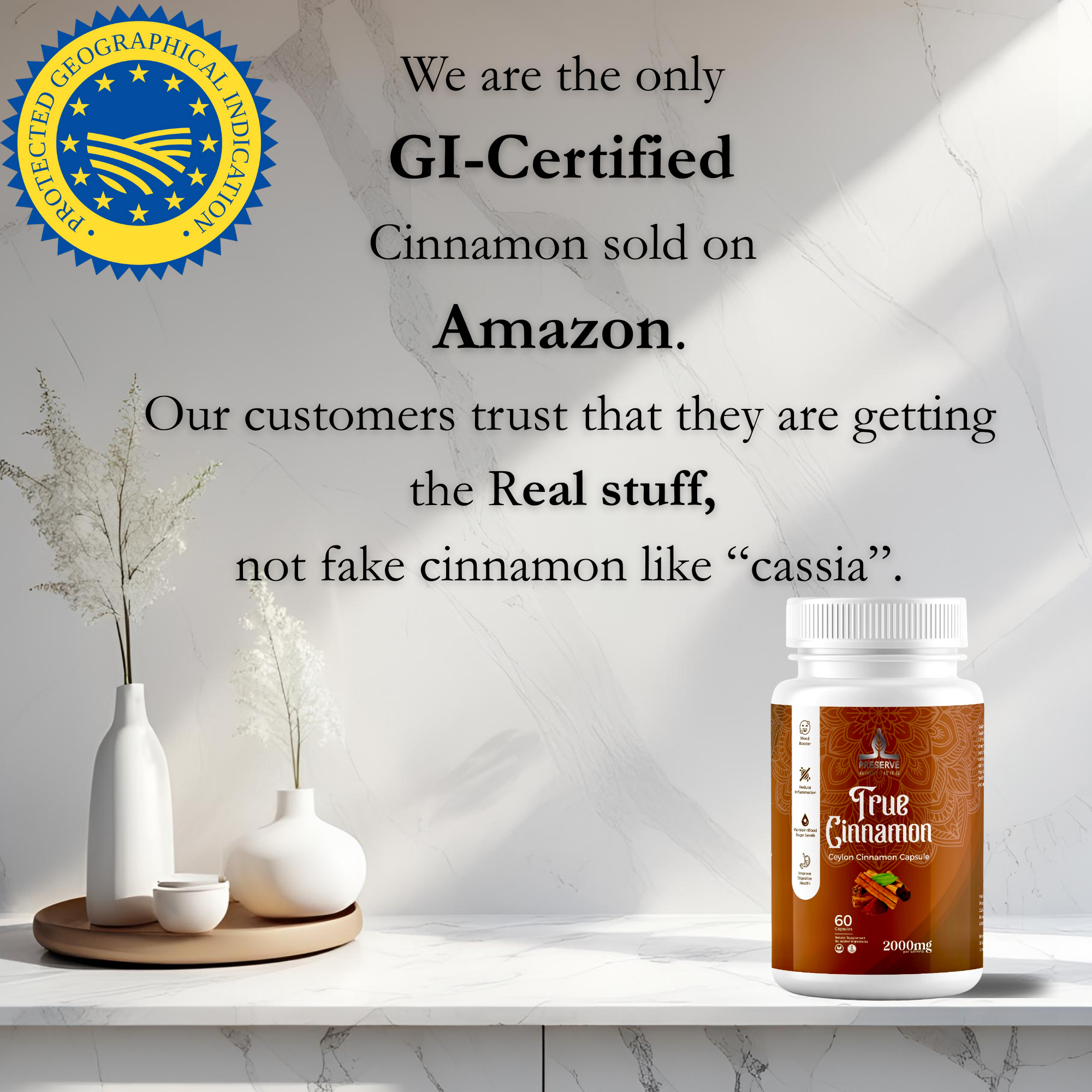 Pure Ceylon Cinnamon Capsules, 2,000mg, Two Month Supplement | GI Certified | Made in Sri Lanka |Non-GMO, Gluten-Free, True Cinnamomum from Sri Lanka, 100% Pure Cinnamon (NOT Mix with Cassia).