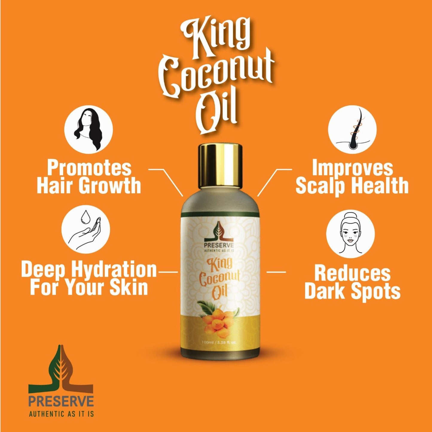 PRESERVE King Coconut Oil 100% pure natural Luxurious & Tropical, Natural Hair and Skin oil, 100ml (3.3.oz) From Sri Lanka