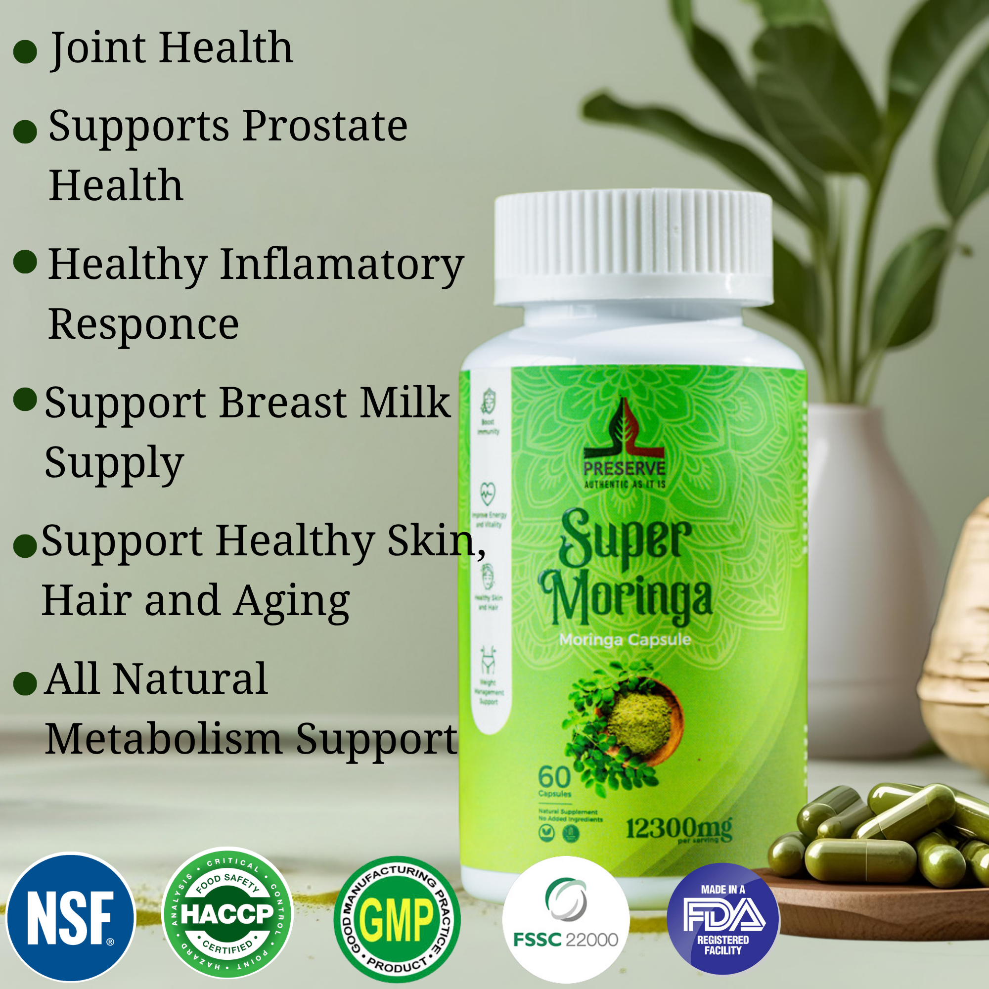 Pure Moringa Oleifera Capsules | NSF Certified | Two Month Supplement | Nutrient-Rich Vegetarian Green Superfood. Non GMO, 60 Capsules. Made in Sri Lanka.