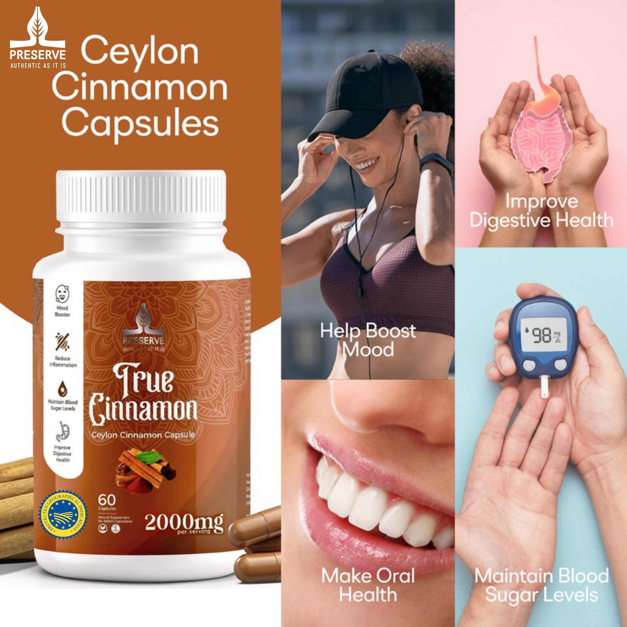 Pure Ceylon Cinnamon Capsules, 2,000mg, Two Month Supplement | GI Certified | Made in Sri Lanka |Non-GMO, Gluten-Free, True Cinnamomum from Sri Lanka, 100% Pure Cinnamon (NOT Mix with Cassia).