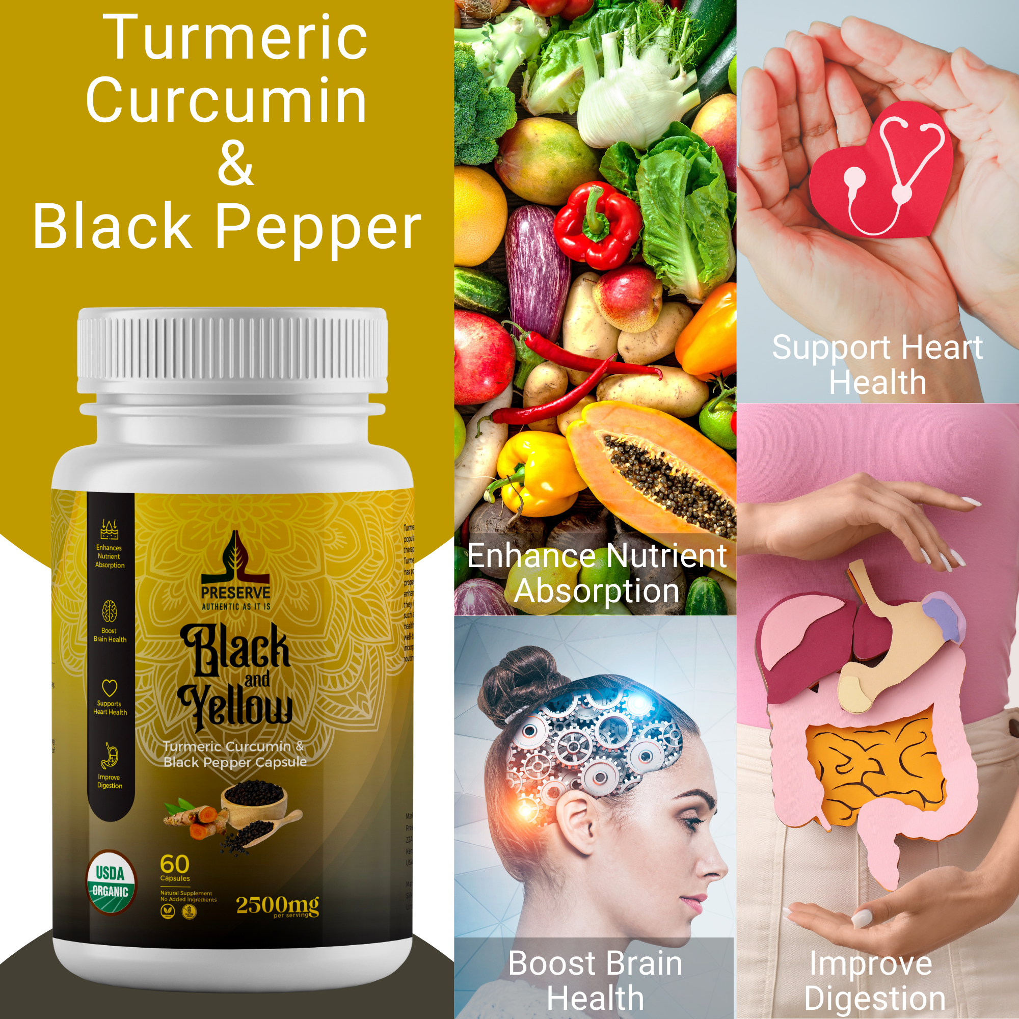 Pure Turmeric Curcumin and Black Pepper 60 Capsules Monthly Supplement