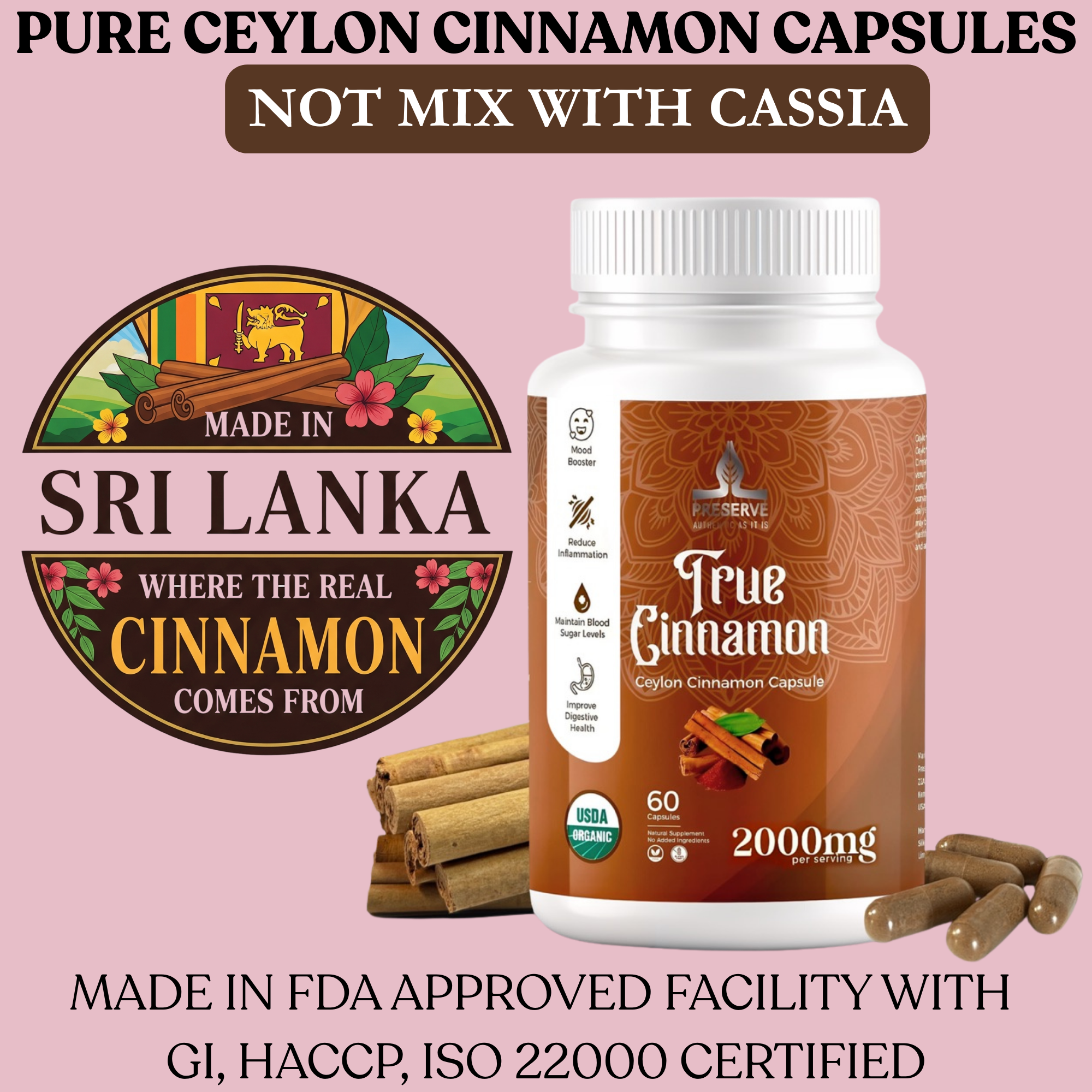 Pure Ceylon Cinnamon Capsules, 2,000mg, Two Month Supplement | GI Certified | Made in Sri Lanka |Non-GMO, Gluten-Free, True Cinnamomum from Sri Lanka, 100% Pure Cinnamon (NOT Mix with Cassia).