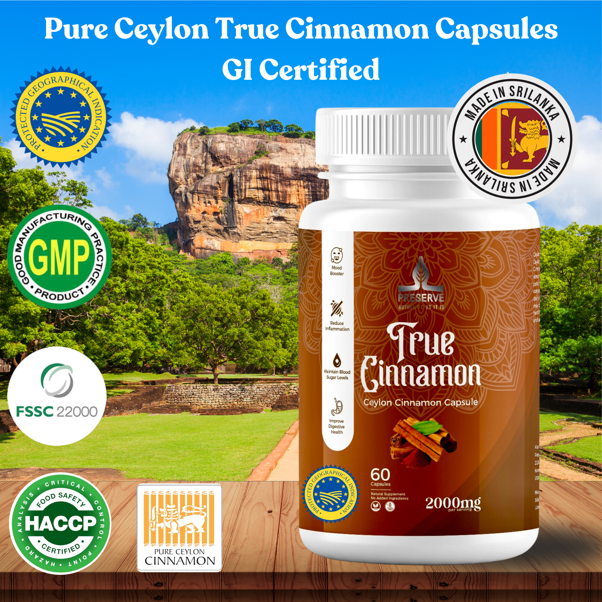 Pure Ceylon Cinnamon Capsules, 2,000mg, Two Month Supplement | GI Certified | Made in Sri Lanka |Non-GMO, Gluten-Free, True Cinnamomum from Sri Lanka, 100% Pure Cinnamon (NOT Mix with Cassia).