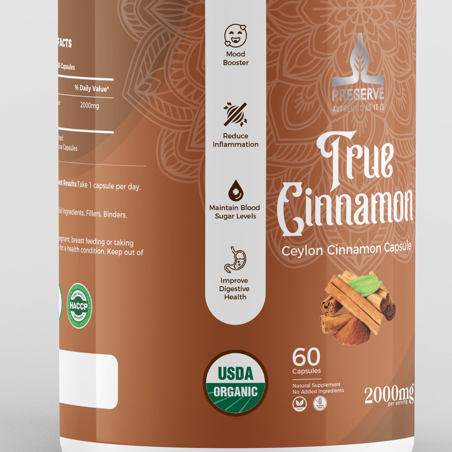 Ceylon Cinnamon Capsules, 2,000mg Sri Lanka Cinnamon Powder Supplement.