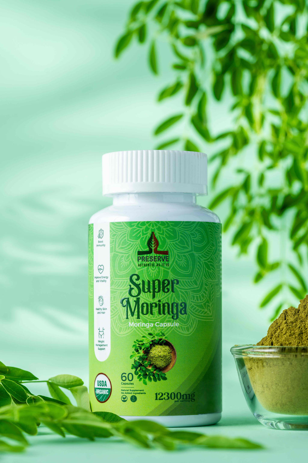 Pure Moringa Oleifera Capsules | NSF Certified | Two Month Supplement | Nutrient-Rich Vegetarian Green Superfood. Non GMO, 60 Capsules. Made in Sri Lanka.