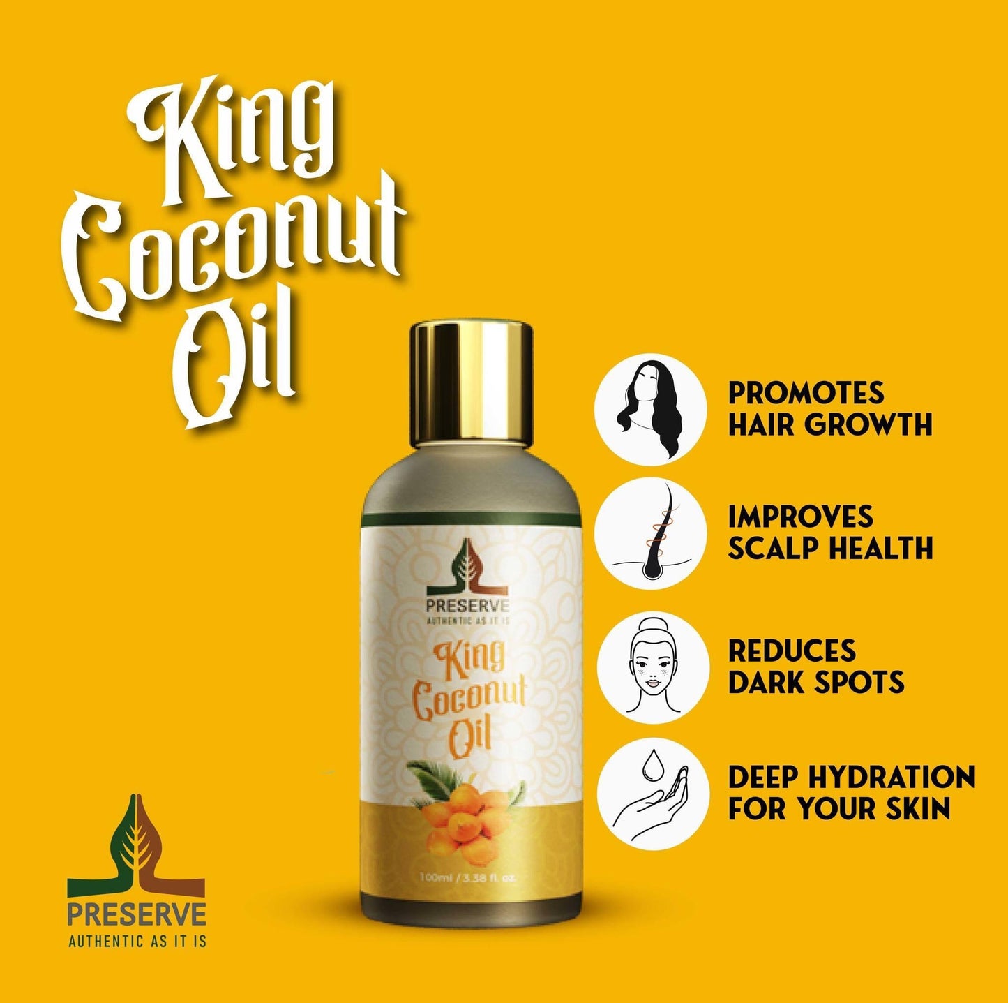 PRESERVE King Coconut Oil 100% pure natural Luxurious & Tropical, Natural Hair and Skin oil, 100ml (3.3.oz) From Sri Lanka