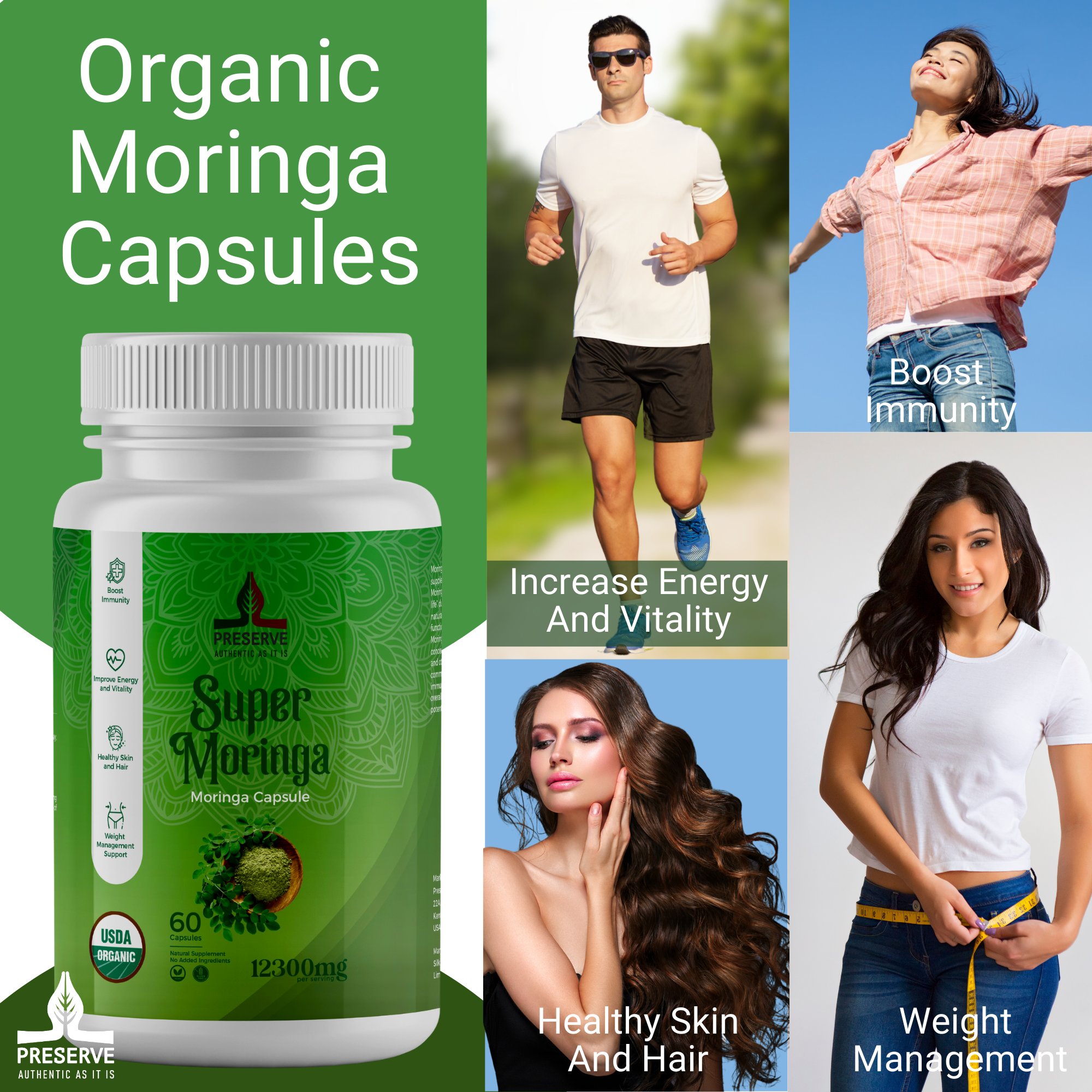 Pure Moringa Oleifera Capsules | NSF Certified | Two Month Supplement | Nutrient-Rich Vegetarian Green Superfood. Non GMO, 60 Capsules. Made in Sri Lanka.