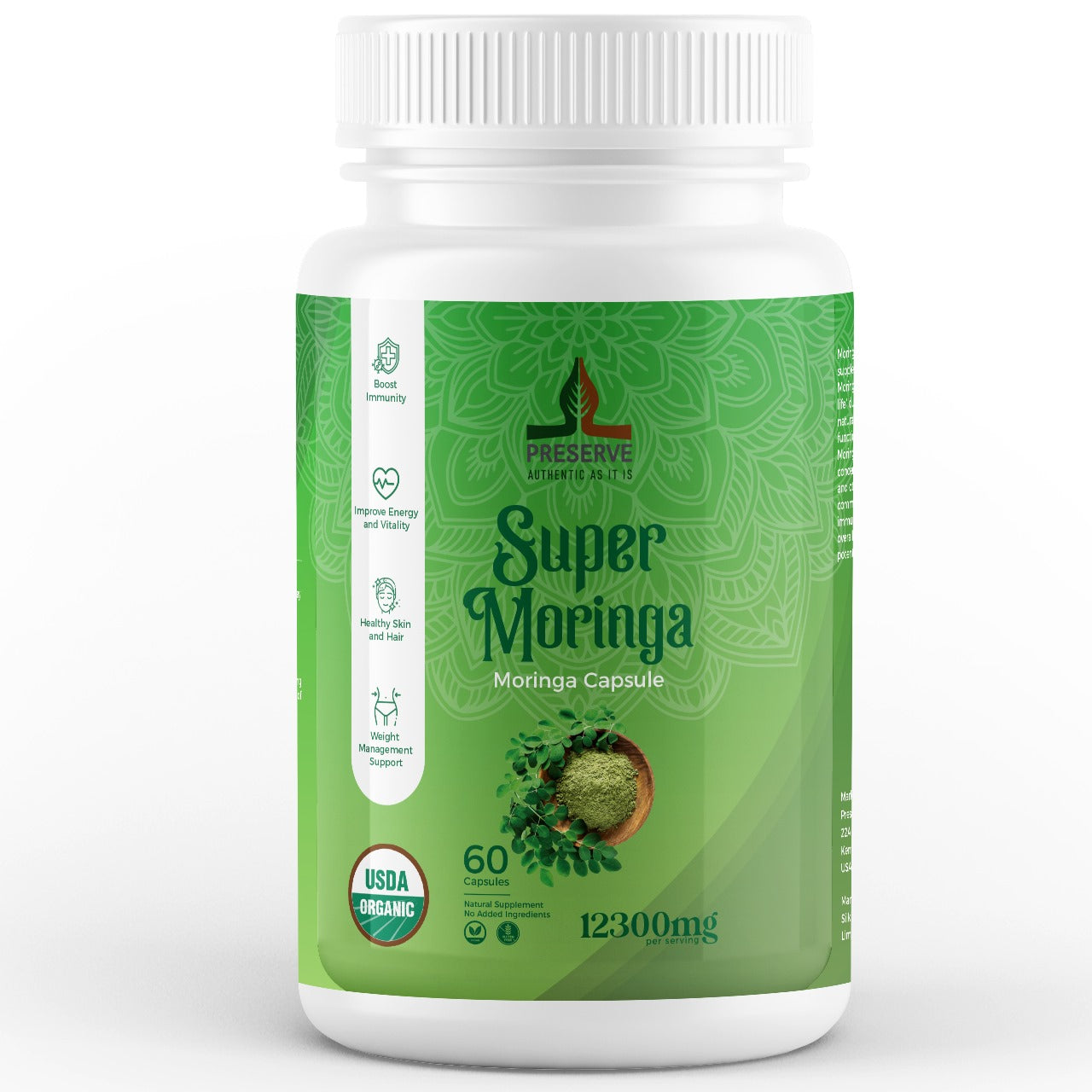 Moringa Oleifera Capsules 12,300mg Monthly Supplement 60 Capsules.