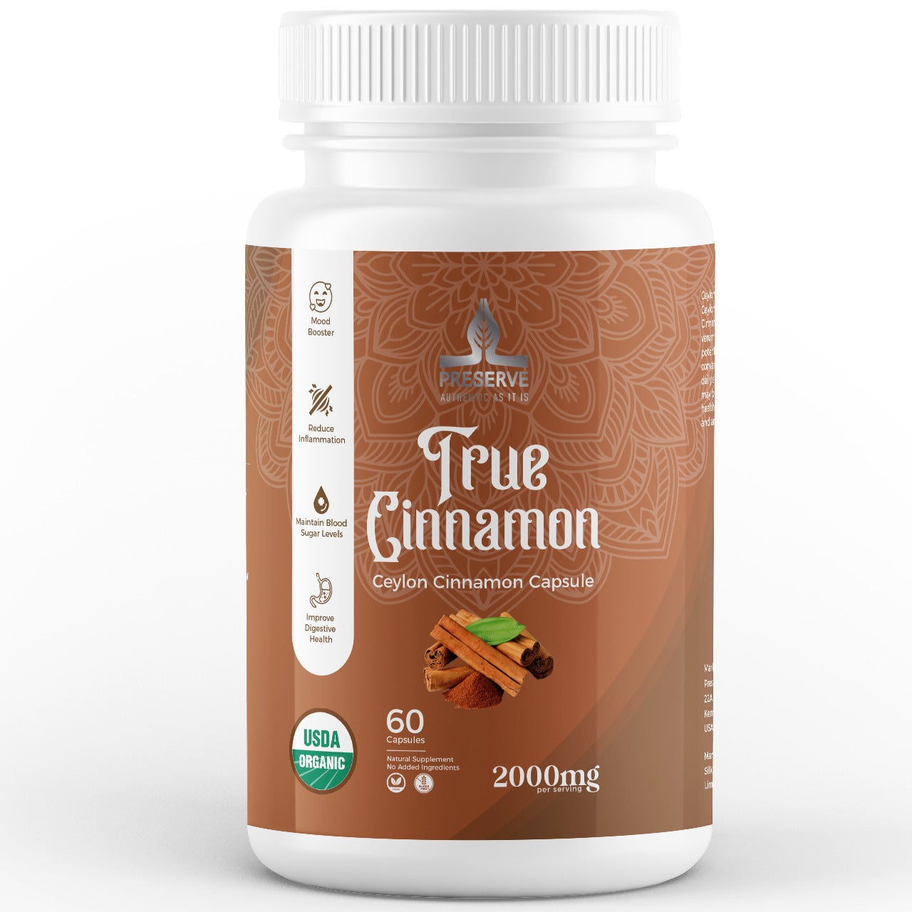 Ceylon Cinnamon Capsules, 2,000mg Sri Lanka Cinnamon Powder Supplement.